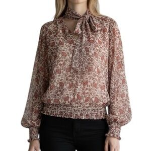 RAMY BROOK Metallic Floral Print Tie Neck Long Sleeve Elastic Waist Size Large